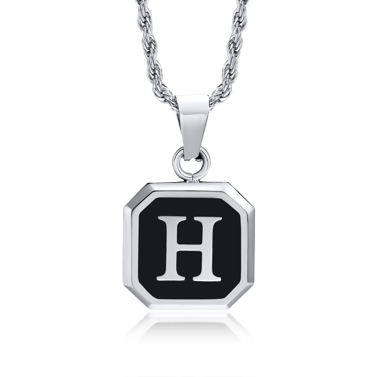 Black Initial Letter Pendant Necklace – A-Z Stainless Steel Square Pendant with Rope Chain