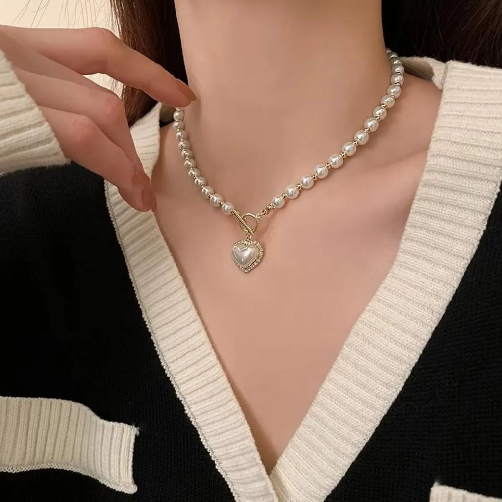 Elegant Heart Pearl Pendant Necklace for Women – Romantic Korean Style Chain, Gift Jewelry
