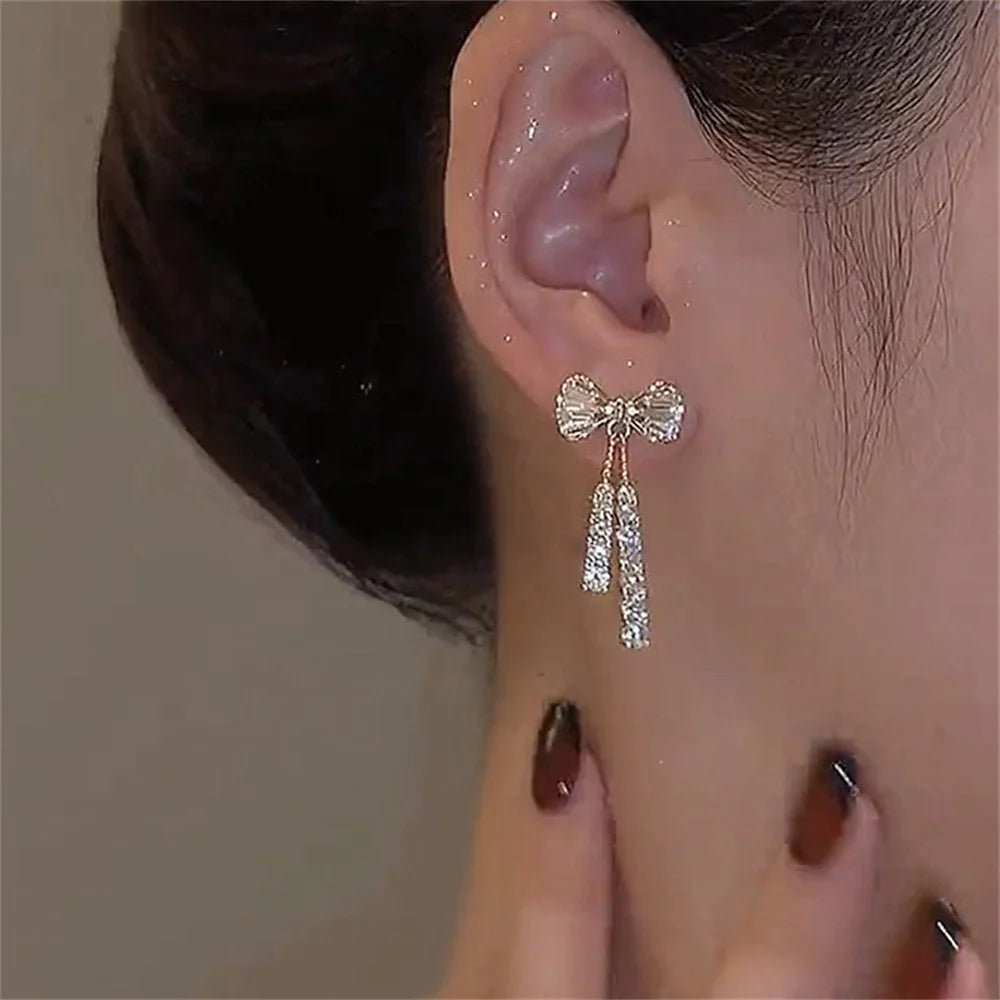 Crystal Acrylic Bow Tassel Earrings for Women – Fashion Zircon Party Jewelry Gift