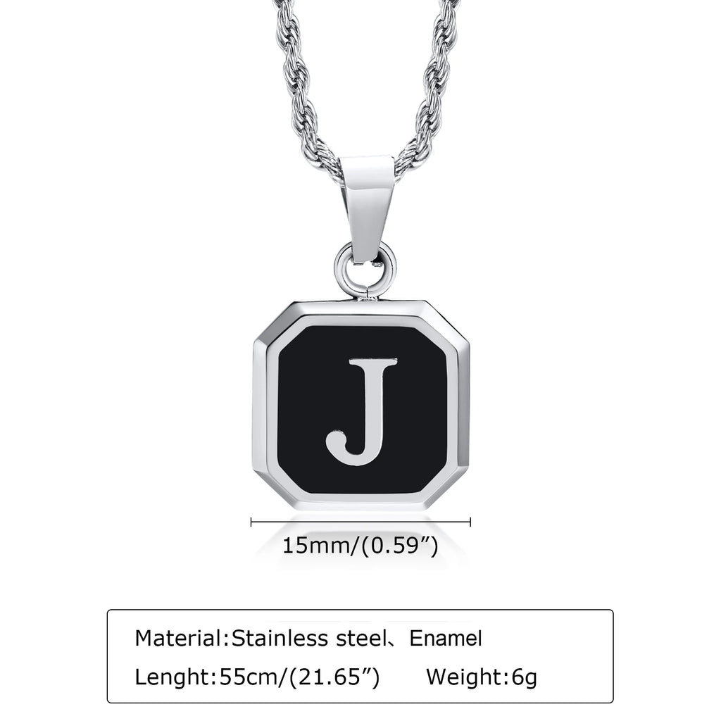 Black Initial Letter Pendant Necklace – A-Z Stainless Steel Square Pendant with Rope Chain