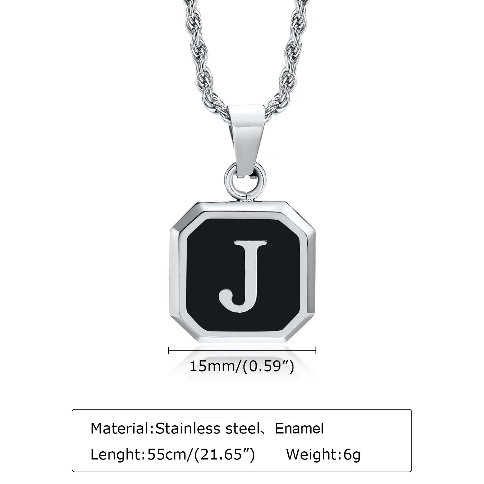 Black Initial Letter Pendant Necklace – A-Z Stainless Steel Square Pendant with Rope Chain