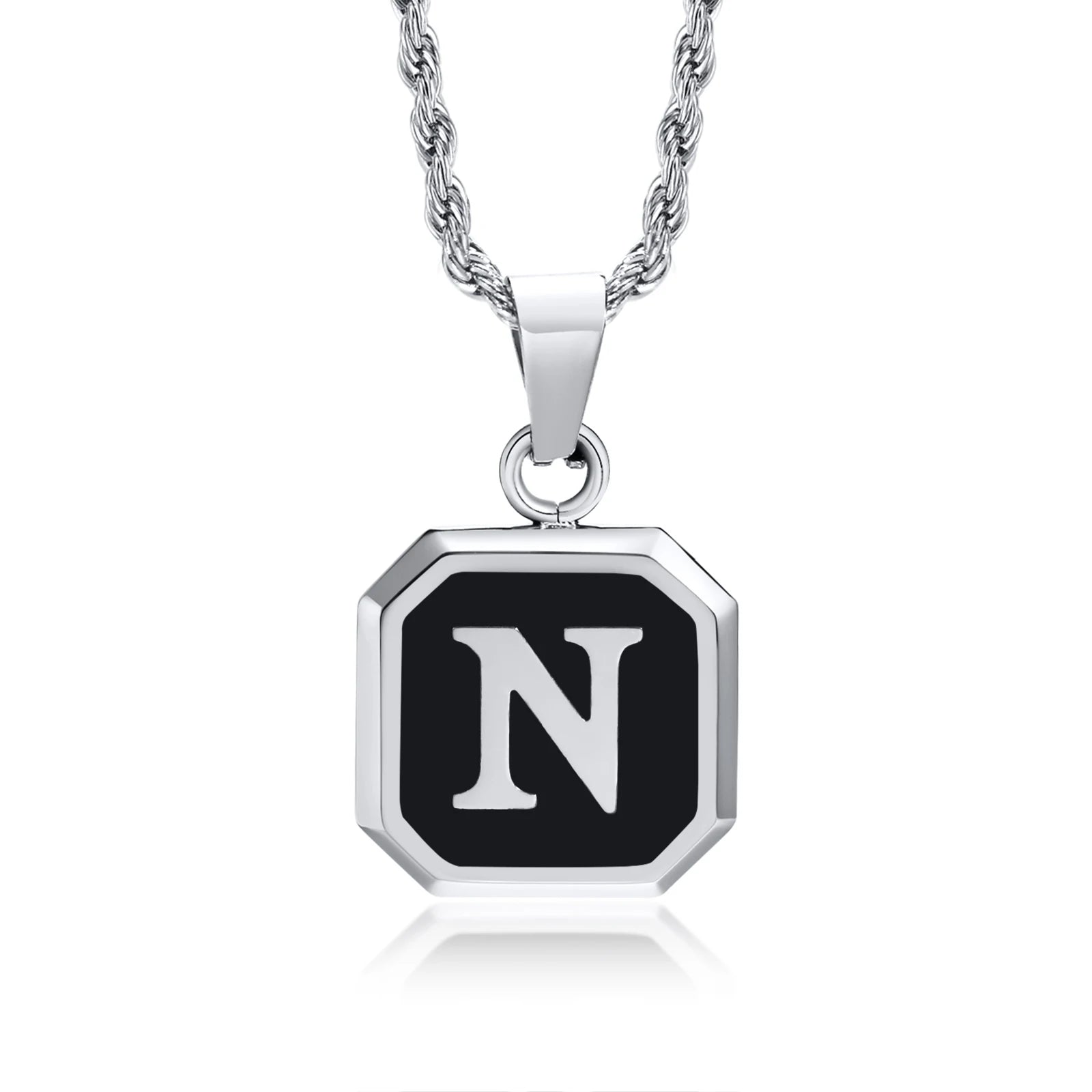 Black Initial Letter Pendant Necklace – A-Z Stainless Steel Square Pendant with Rope Chain