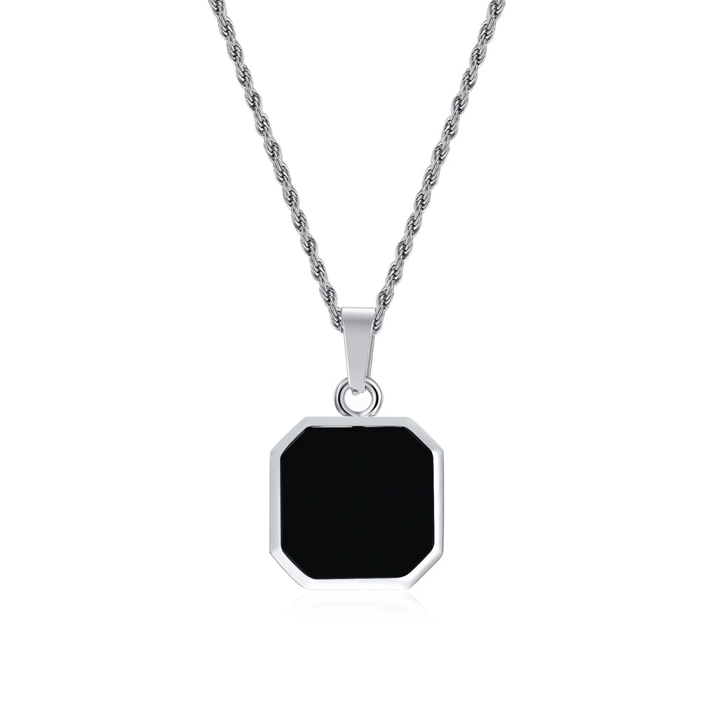 Black Initial Letter Pendant Necklace – A-Z Stainless Steel Square Pendant with Rope Chain