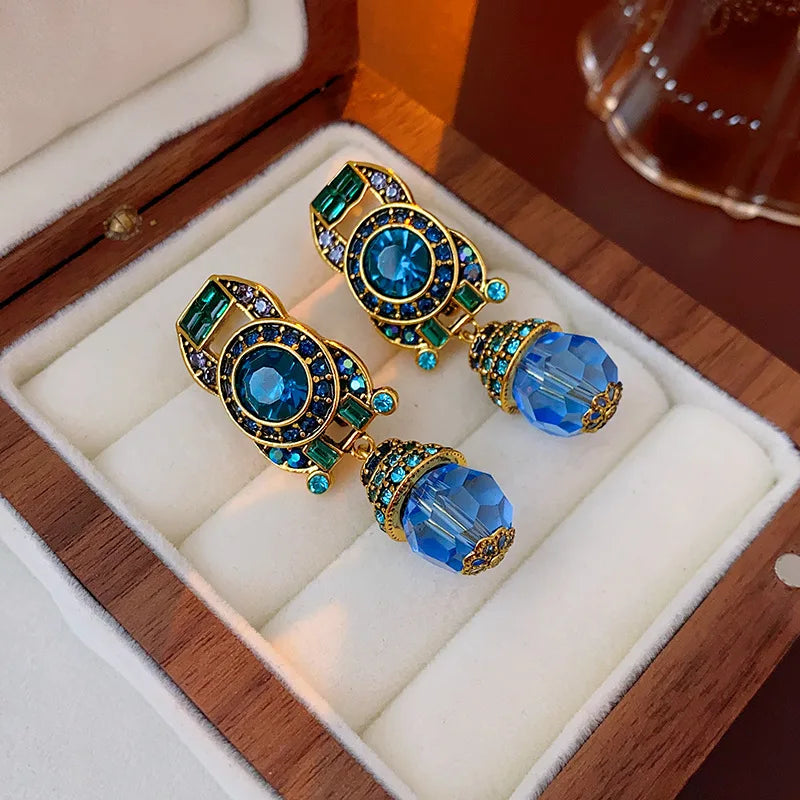 Luxury Rhinestone Blue Crystal Clip Earrings for Women – Vintage Sparkle Charm Jewelry