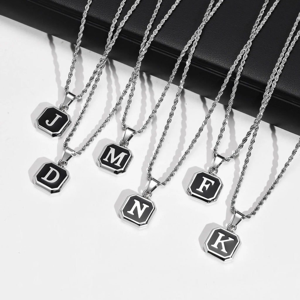 Black Initial Letter Pendant Necklace – A-Z Stainless Steel Square Pendant with Rope Chain
