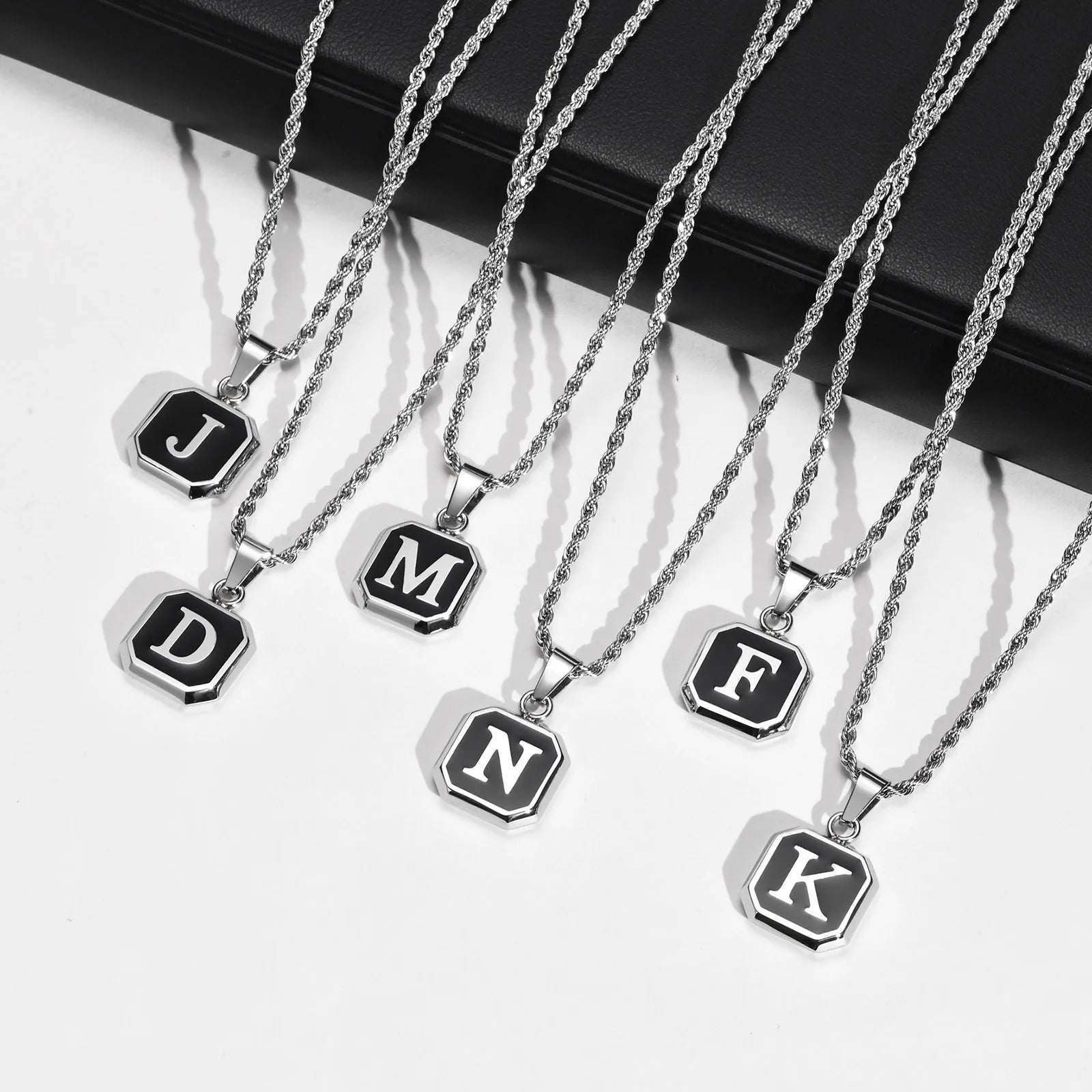 Black Initial Letter Pendant Necklace – A-Z Stainless Steel Square Pendant with Rope Chain