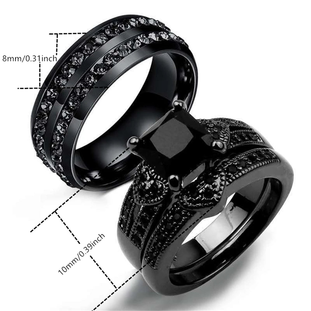 Black Zircon Couple Ring Set – Stainless Steel Men's Band & Heart Women’s Wedding Jewelry