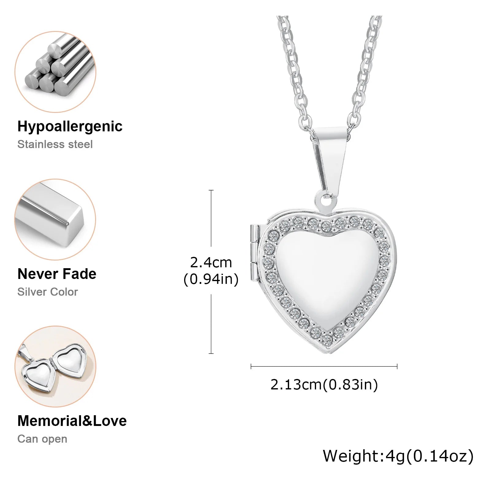 Silver Heart Locket Pendant Necklace for Women – Openable Memory Photo Charm | Stainless Steel Chain