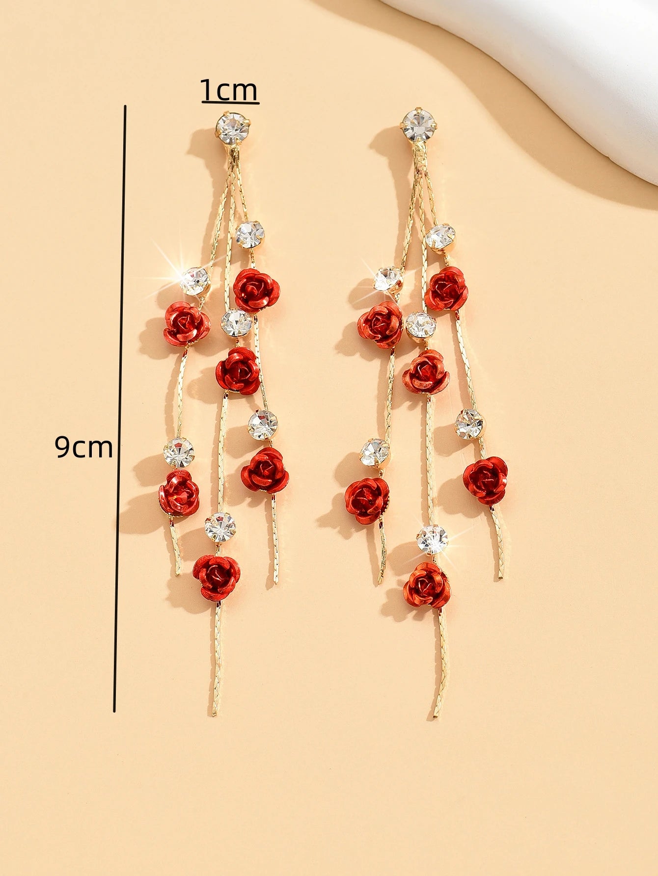 Retro Rose Long Drop Earrings for Women – Diamond Inlaid Romantic Daily Accessories (2PCS)